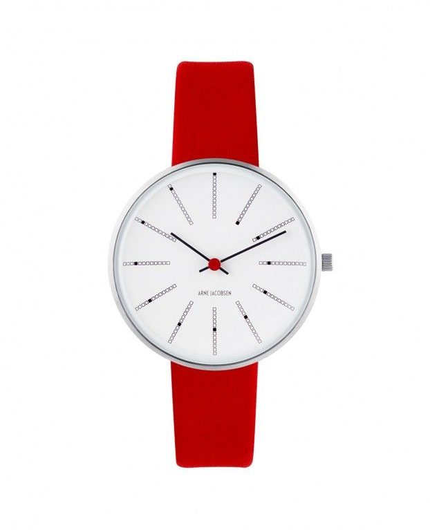 Arne Jacobsen BANKERS 34 MM / PIEL ROJA / ESFERA BLANCA / CAJA ACERO