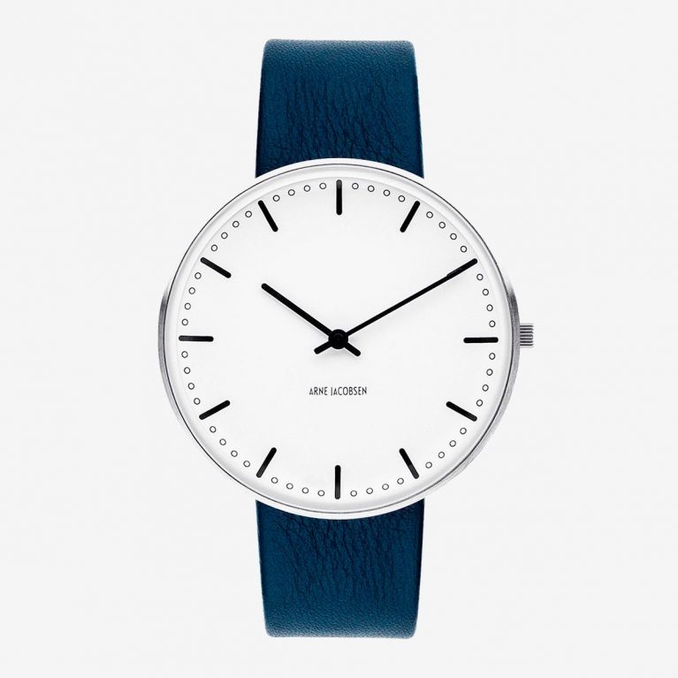 Arne Jacobsen CITY HALL40 MM / PIEL AZUL / ESFERA BLANCA