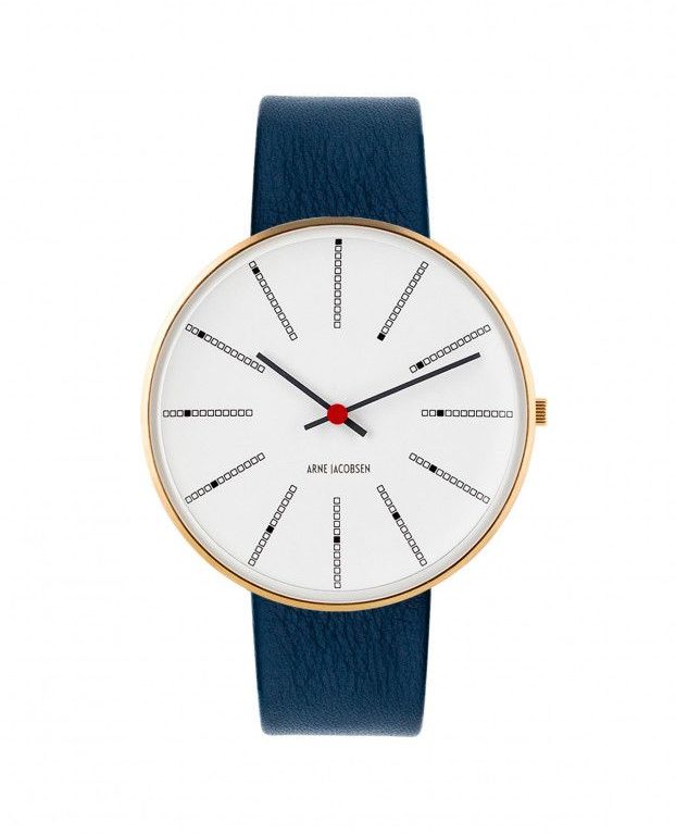 Arne Jacobsen BANKERS 40 MM / CORREA PIEL AZUL / ESFERA BLANCA / CAJA DORADA