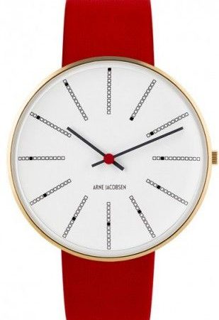 Arne Jacobsen BANKERS 40 MM / CORREA PIEL ROJA / ESFERA BLANCA / CAJA DORADA