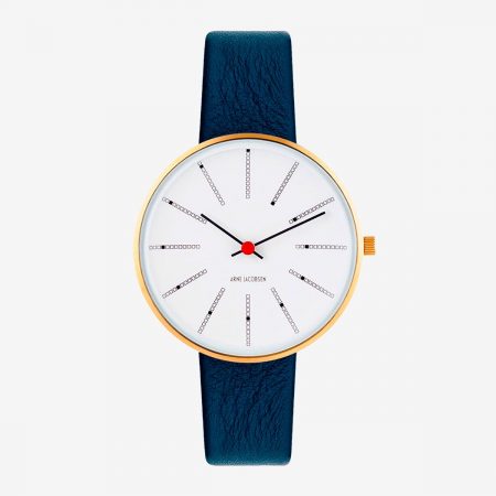 Arne Jacobsen BANKERS 34 MM / CORREA PIEL AZUL / ESFERA BLANCA / CAJA DORADA
