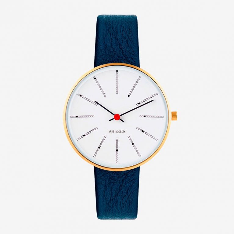 Arne Jacobsen BANKERS 34 MM / CORREA PIEL AZUL / ESFERA BLANCA / CAJA DORADA