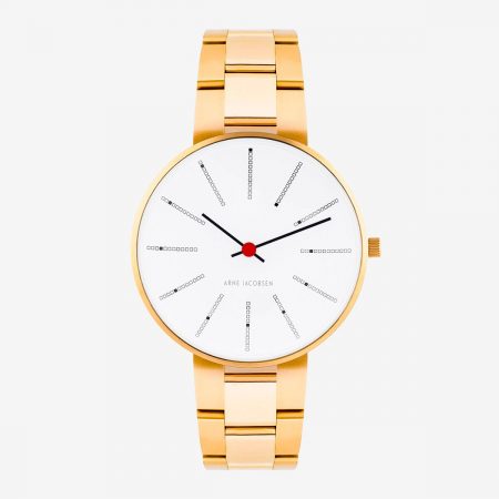 Arne Jacobsen BANKERS 34 MM / CORREA ACERO DORADA / ESFERA BLANCA