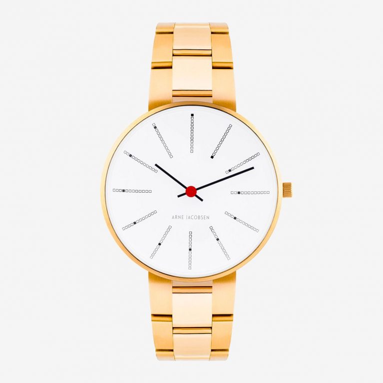 Arne Jacobsen BANKERS 34 MM / CORREA ACERO DORADA / ESFERA BLANCA