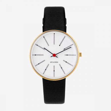 Arne Jacobsen BANKERS 34 MM / CORREA PIEL NEGRA / ESFERA BLANCA / CAJA DORADA