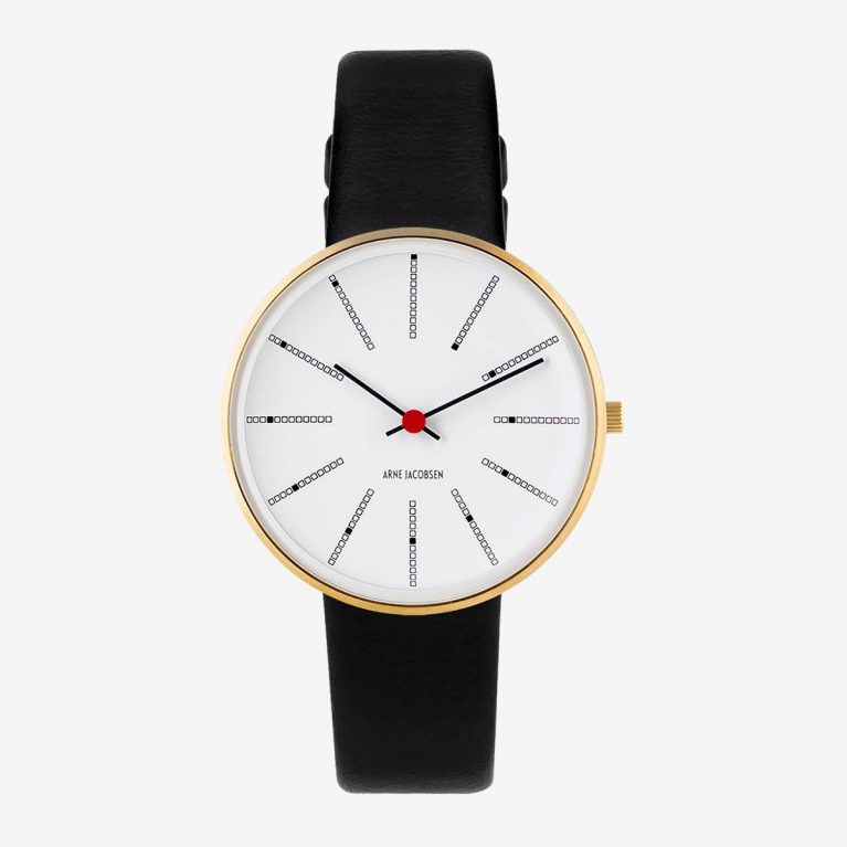 Arne Jacobsen BANKERS 34 MM / CORREA PIEL NEGRA / ESFERA BLANCA / CAJA DORADA