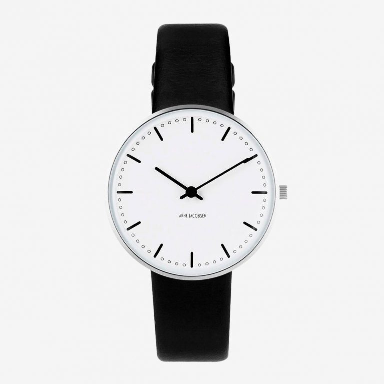 Arne Jacobsen CITY HALL 34 MM / PIEL NEGRA / ESFERA BLANCA
