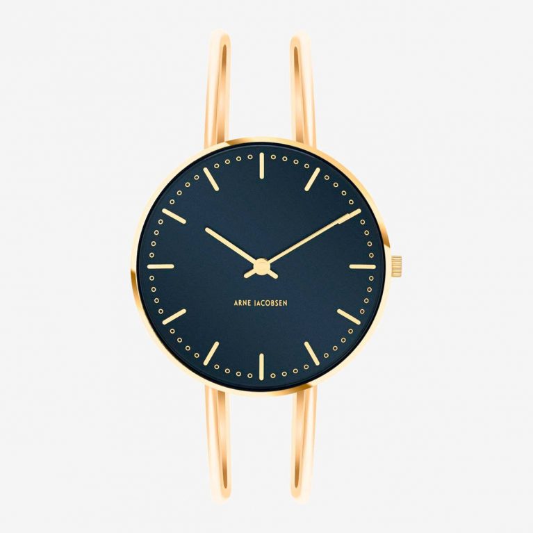 Arne Jacobsen CITY HALL 34 MM / BRAZALETE DORADO / ESFERA AZUL