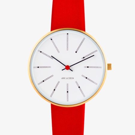 Arne Jacobsen BANKERS 34 MM / CORREA PIEL ROJA / ESFERA BLANCA / CAJA DORADA