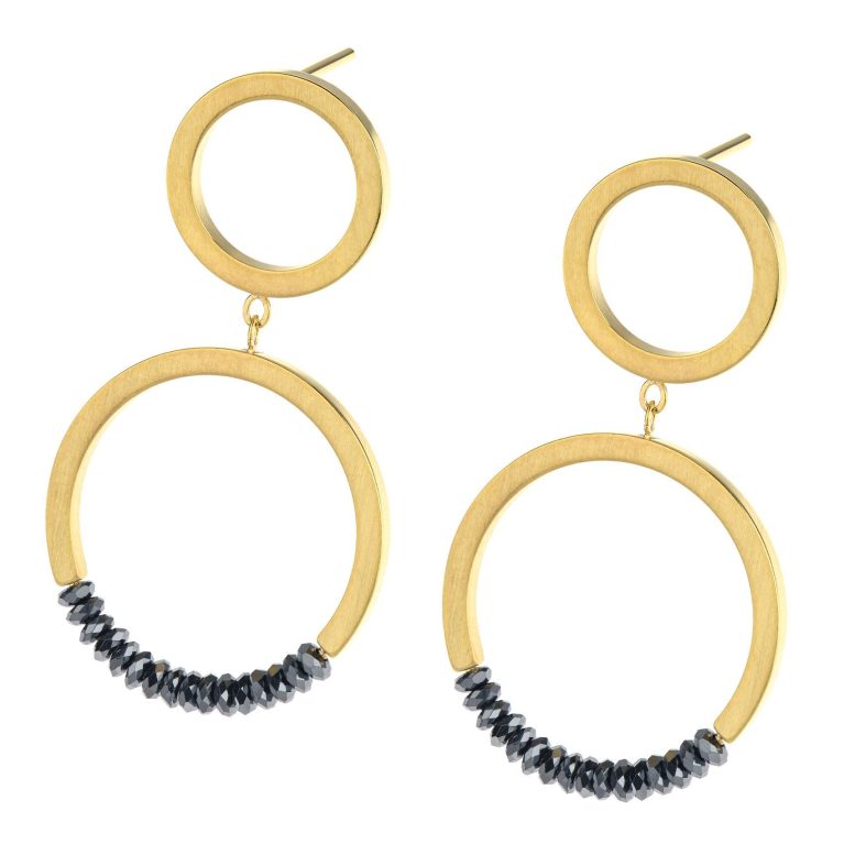 Pendientes de acero con baño de oro y hematites facetados negros