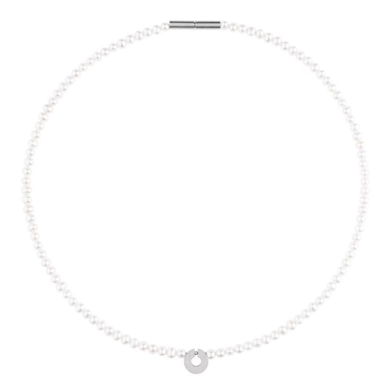 Gargantilla de perlas con colgante redondo de acero y bte. 0,016ct.