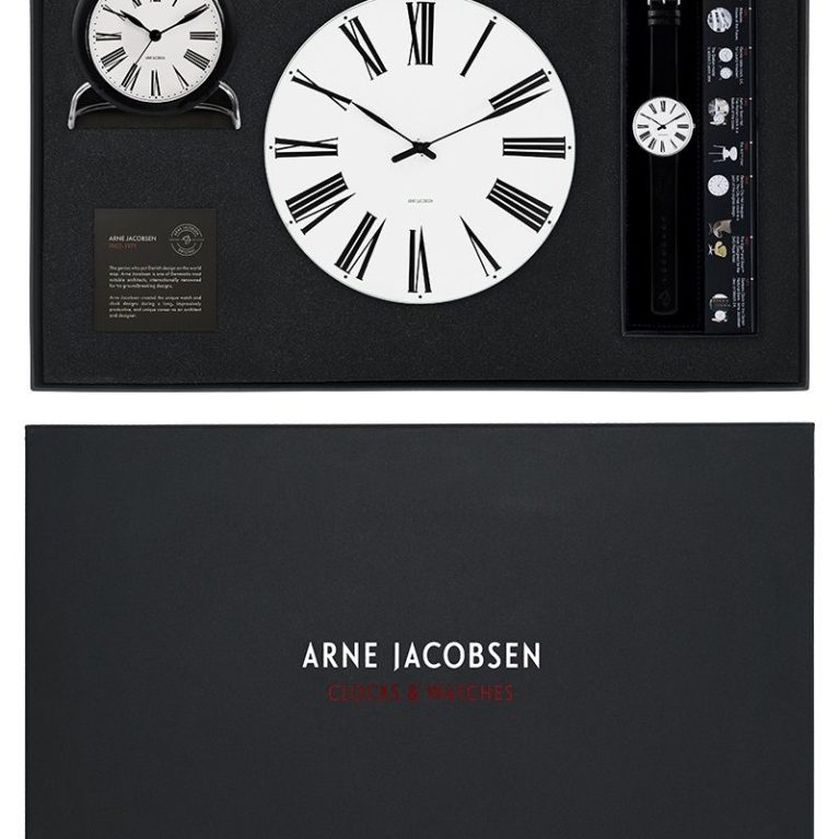 Caja de regalo Arne Jacobsen Roman blanca con reloj de pulsera, reloj de pared y reloj de sobremesa