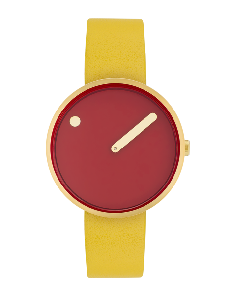 Reloj Picto de 34 mm con esfera roja canela y correa amarillo canario