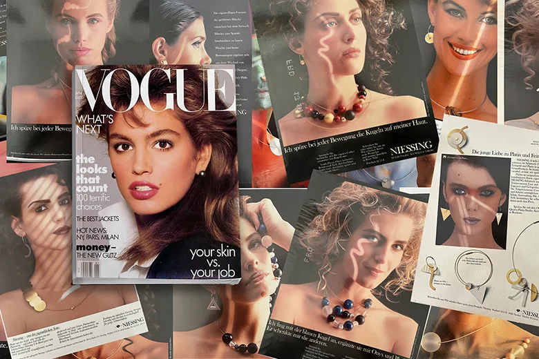 campañas históricas de Niessing Coil en revistas como Vogue mostrando joyería contemporánea alemana