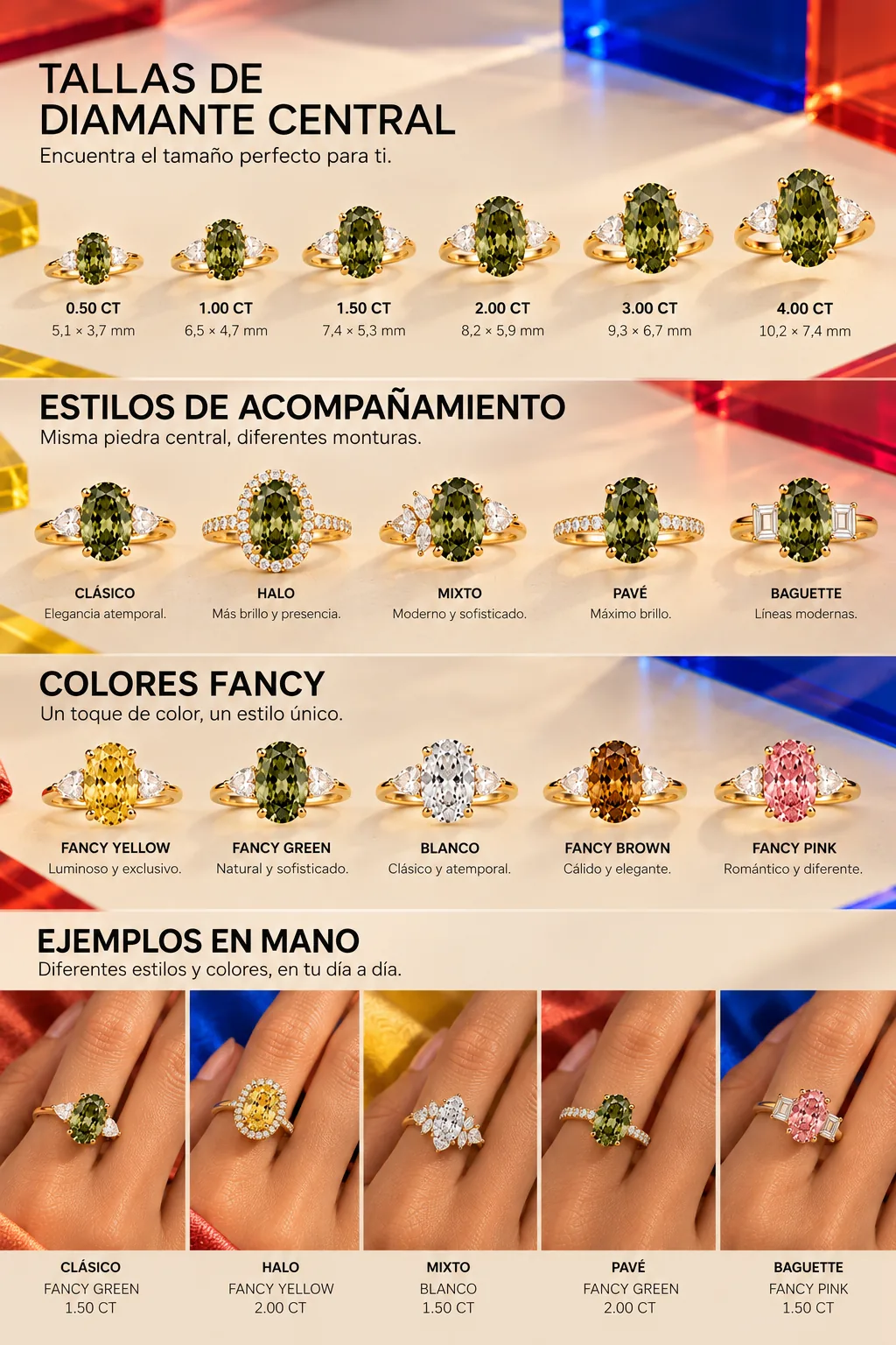 Guía de tallas, monturas y colores de diamante para diseñar un anillo